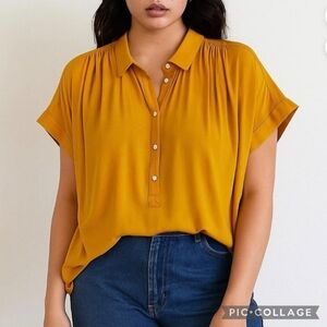 Madewell Drapey Central Popover Blouse Women's XS Mustard Yellow Oversized Relax